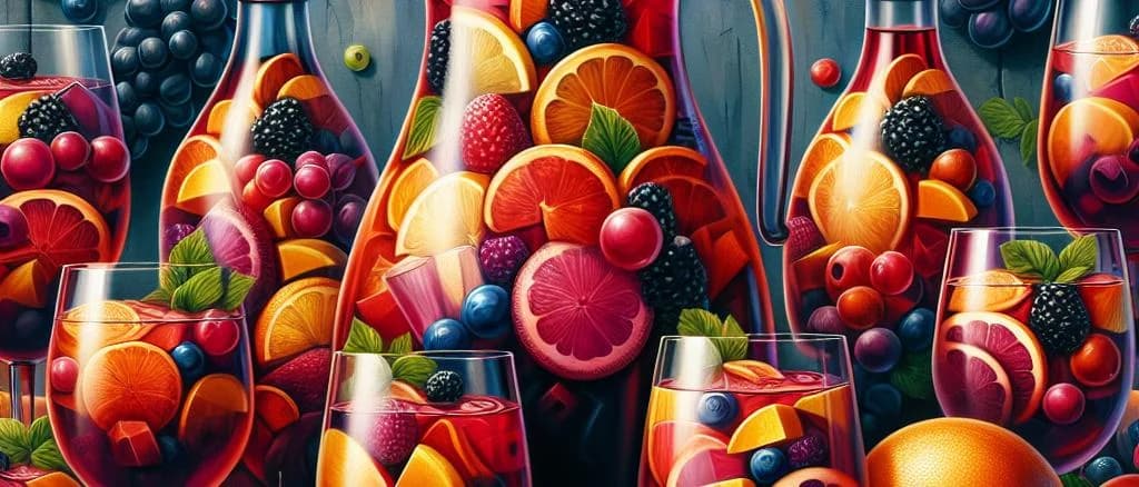 Sangria bottle and glass variations on rustic wooden table