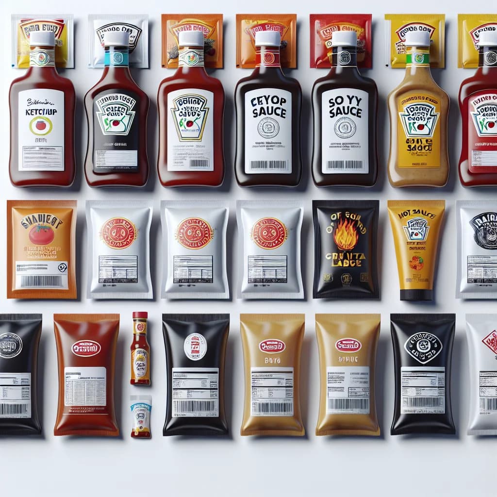 assorted sauce packets for B2B sourcing with variations in flavor and packaging