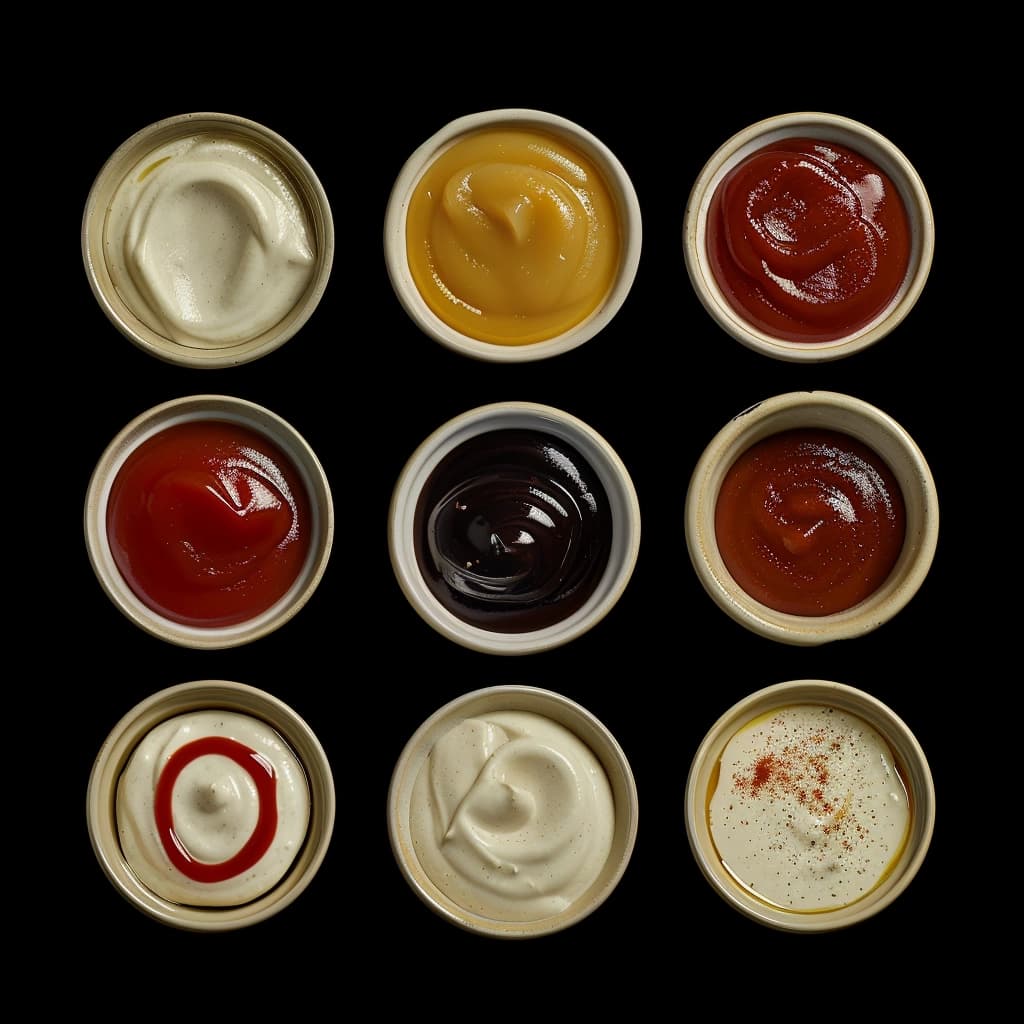 gourmet sauces assortment with various packaging on neutral background