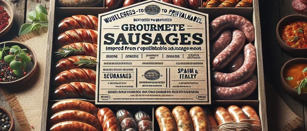 Assorted sausage meat varieties with packaging against an industrial background