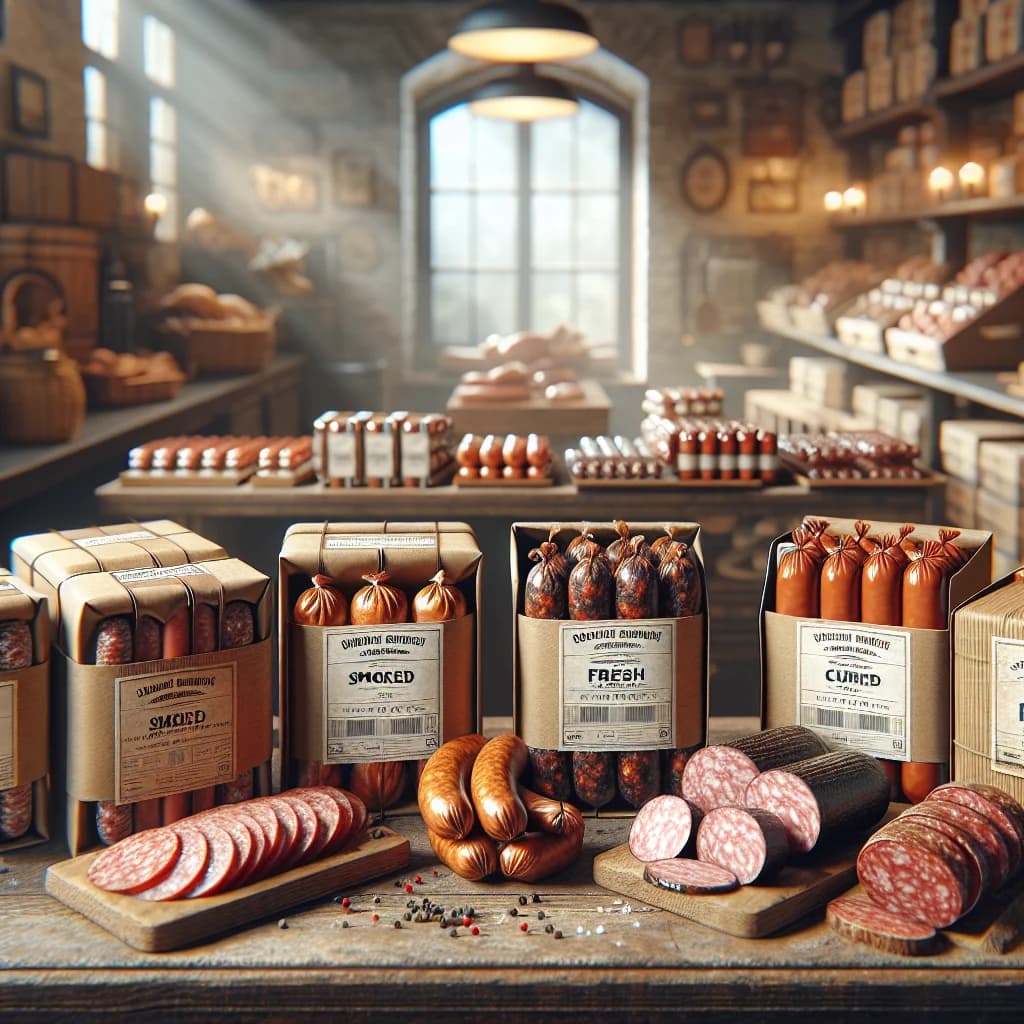 premium sausages in assorted packaging on a wooden counter with rustic background