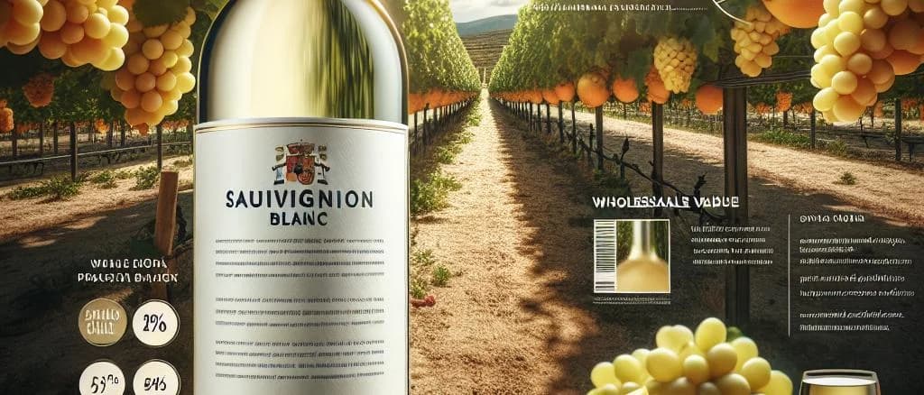 Sauvignon Blanc wine bottles on a wooden table with grapevine background