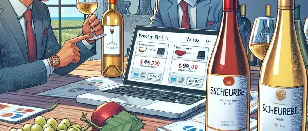 three variations of Scheurebe wine bottles on a rustic wooden table