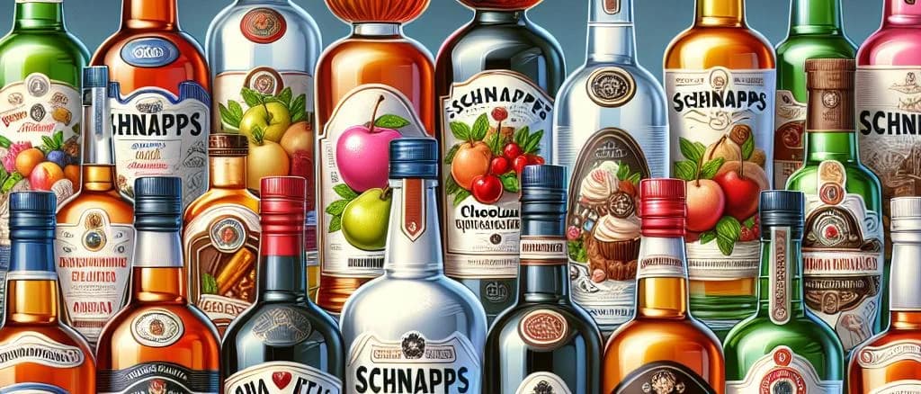 Assorted schnapps bottles with various flavored labels, displayed against a rustic wooden background
