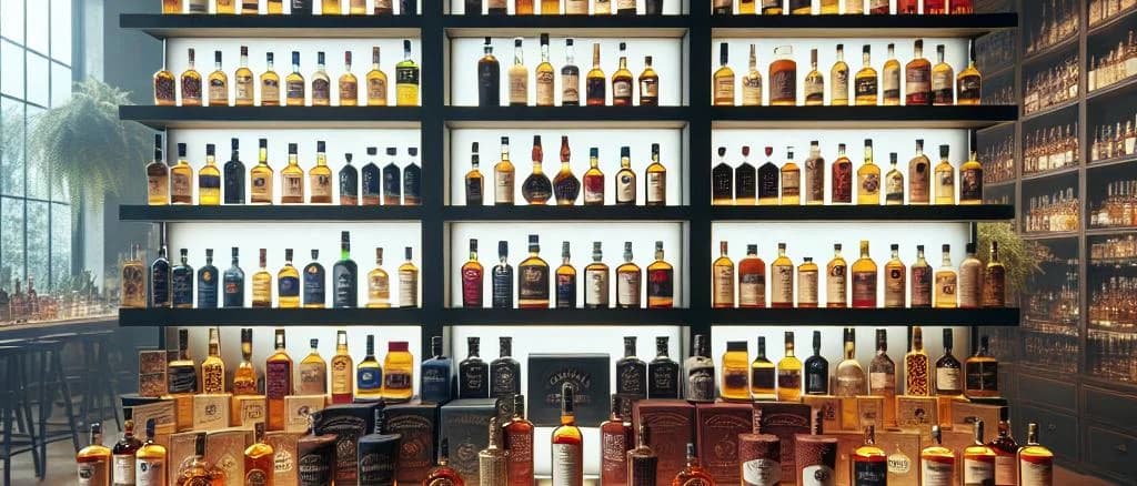 Assortment of Scotch Whisky bottles on wooden background showcasing different packaging styles