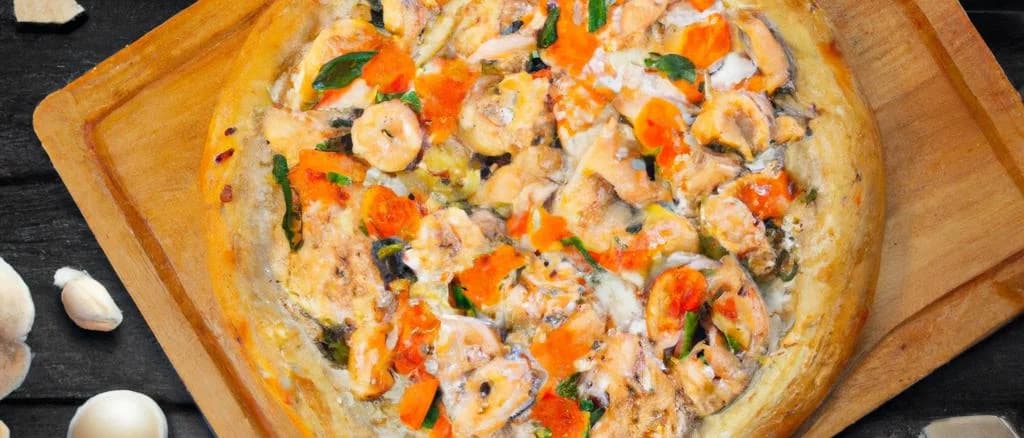 seafood pizza variations with different packaging on a rustic wooden table