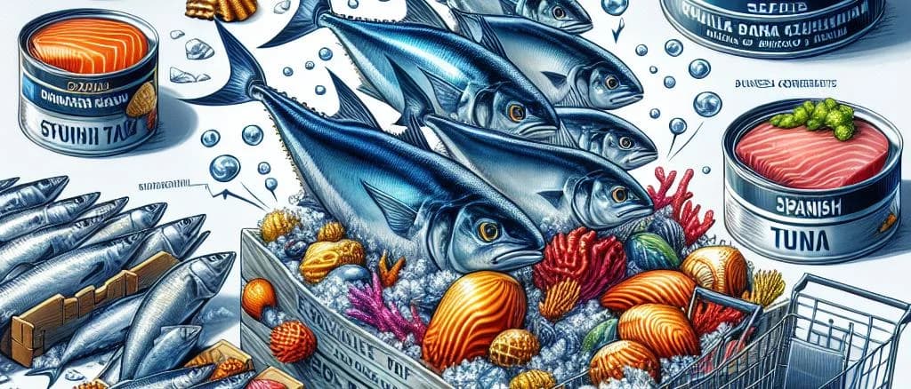 assorted seafood products in various packaging, with sustainable and certified labels