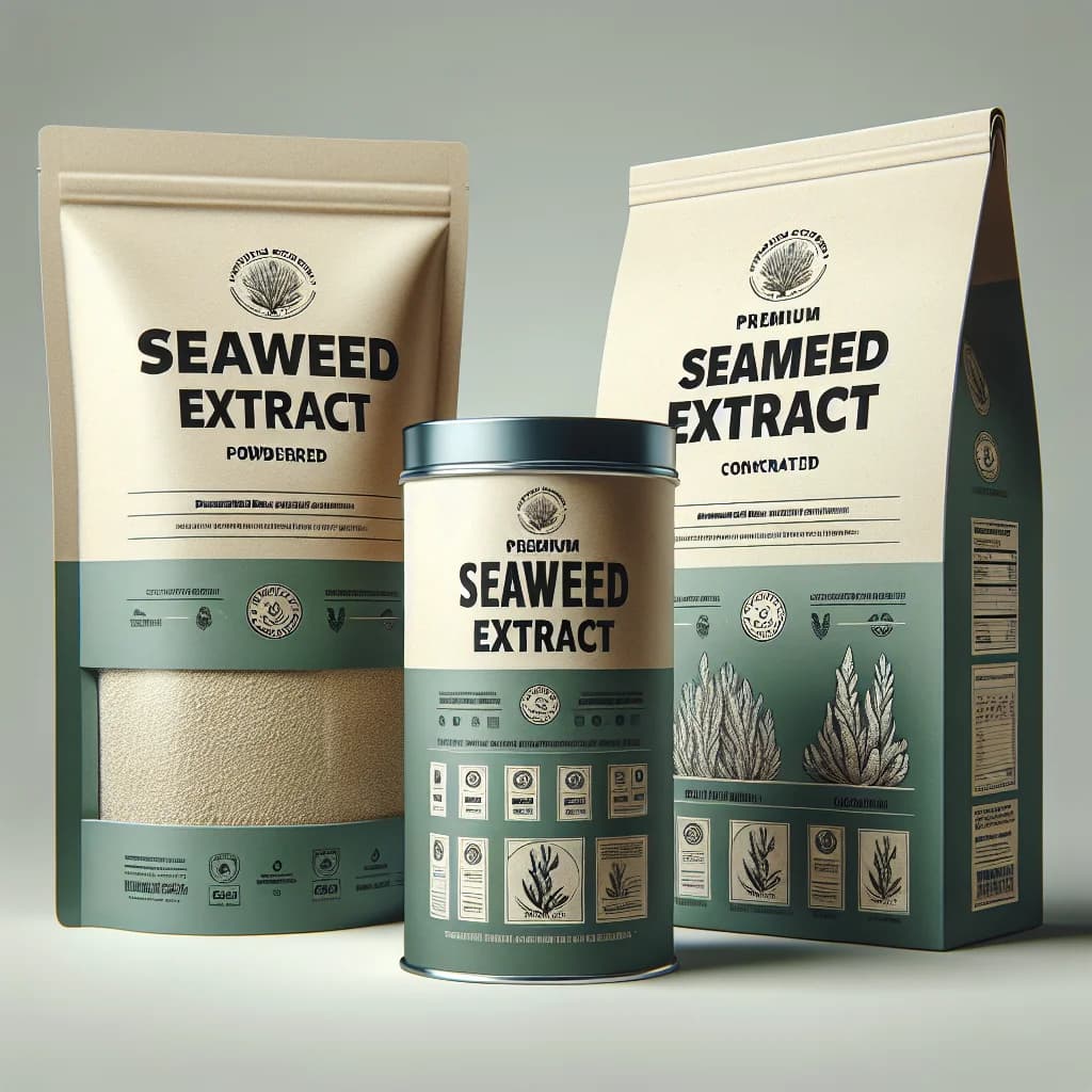 premium seaweed extract in bulk packaging with variations displayed on a clean white background