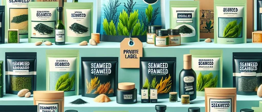 Various seaweed product packaging against a natural coastal background, showcasing diversity in seaweed products.