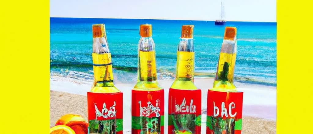 Various shandy beverage bottles on a wooden table with different labels and colors