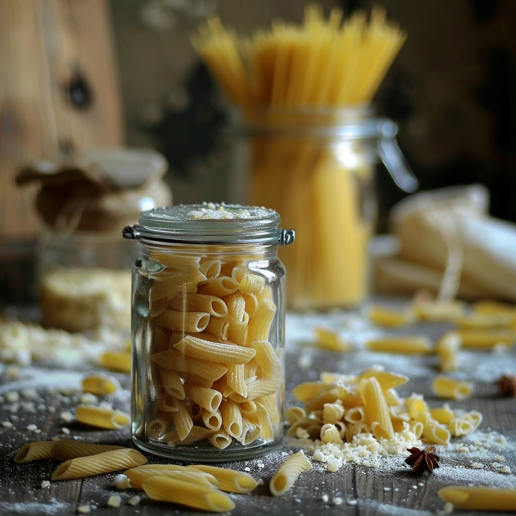 Various shaped pasta varieties on wooden background with packaging options