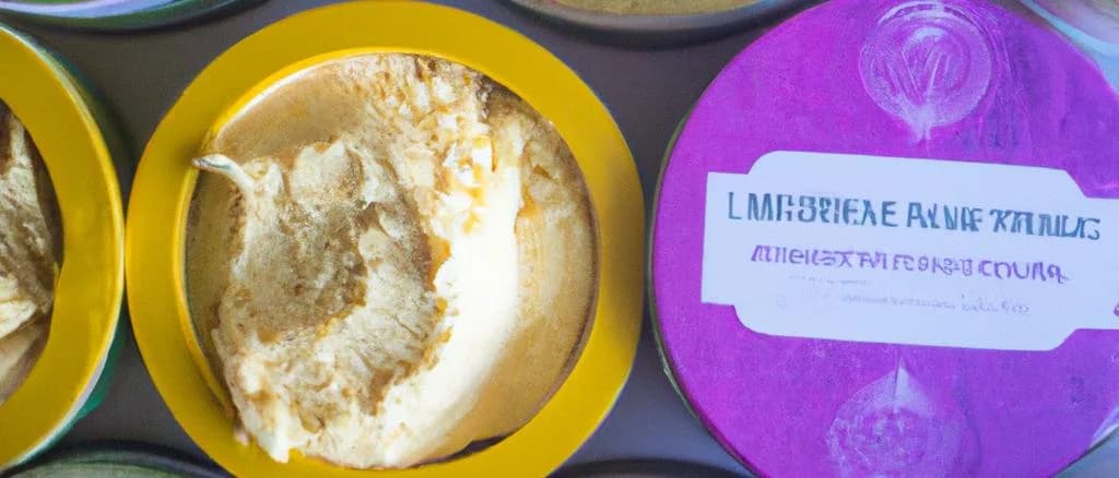 Various types of sheep butter with different packaging styles on a rustic wooden table