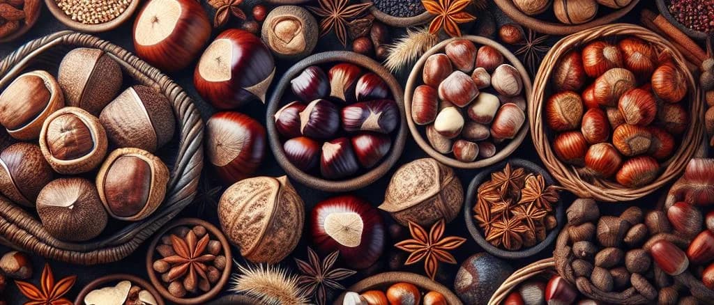 Shelled chestnuts in various packaging options on a rustic wooden background