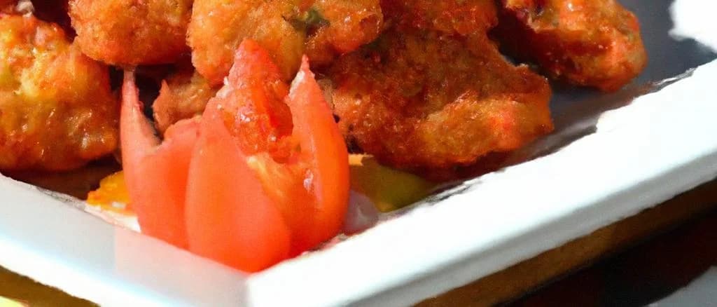 assorted shrimp fritters with different sauces on a wooden background