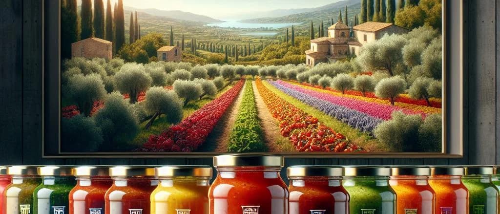 Assorted Sicilian Sauces in jars with Mediterranean background