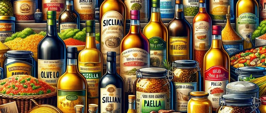 Assorted Sicilian artisan wines in traditional packaging with scenic vineyard background