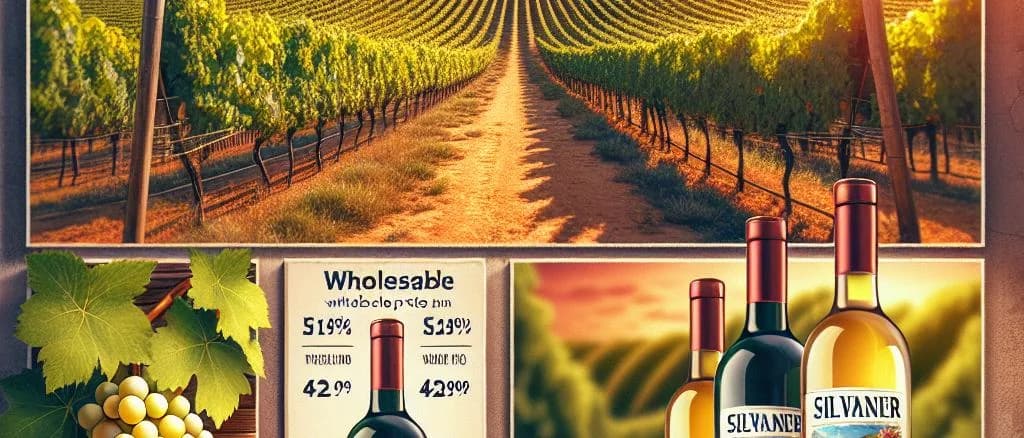 Silvaner wine bottles on wooden table with vineyard background