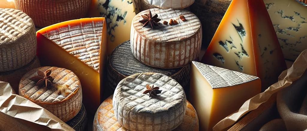 assorted smoked cheeses with various packaging on wooden board