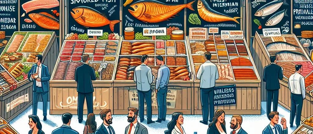 Variety of smoked fish products including salmon, mackerel, and trout on a wooden board