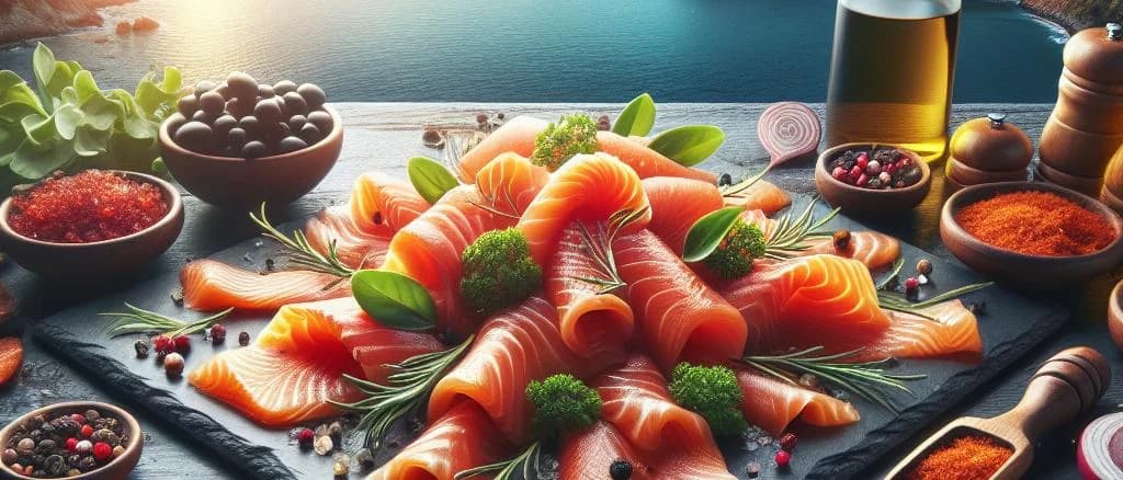 Varieties of smoked salmon in different packaging on a wooden background