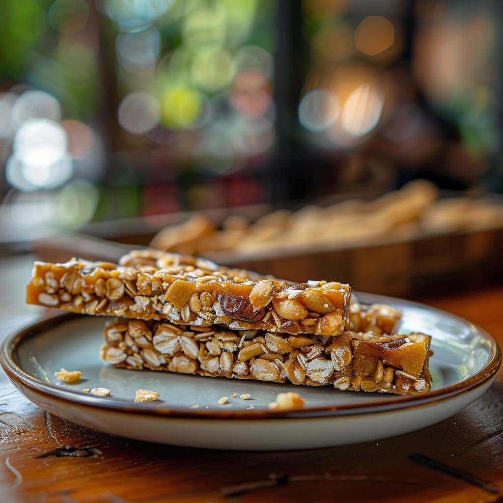 Snack bars with different packaging and flavors on a rustic wooden background