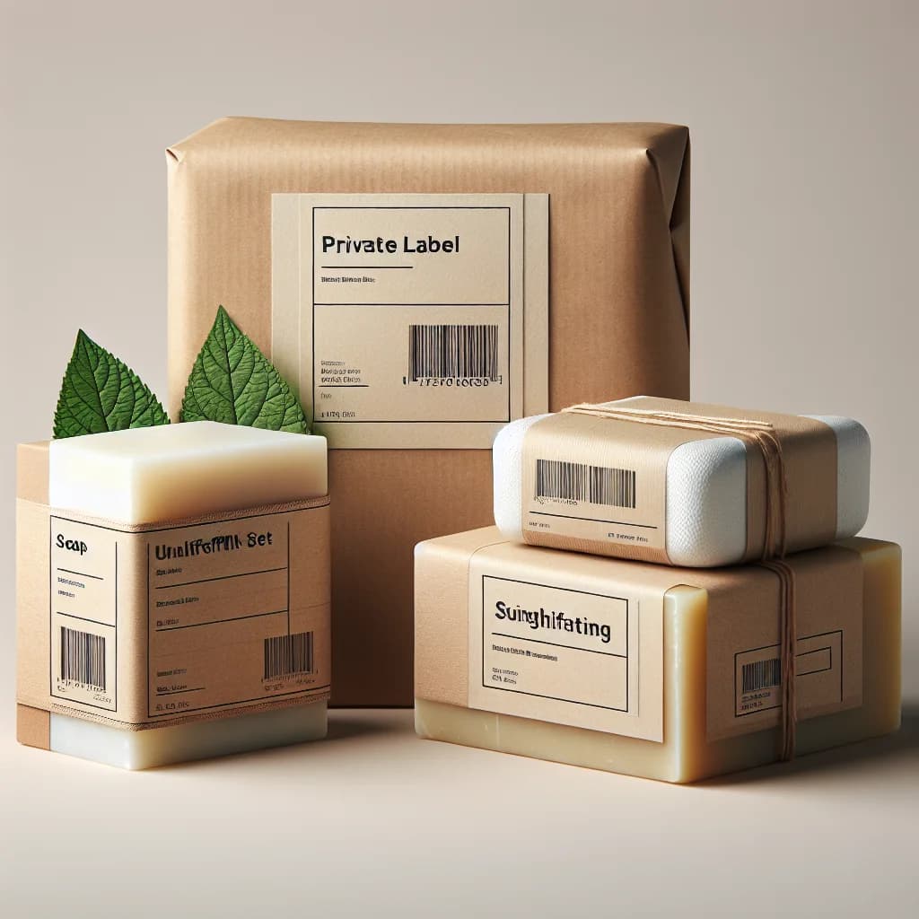 assorted soap bars in eco-friendly packaging displayed on a clean, neutral background with variations for wholesale and private label options