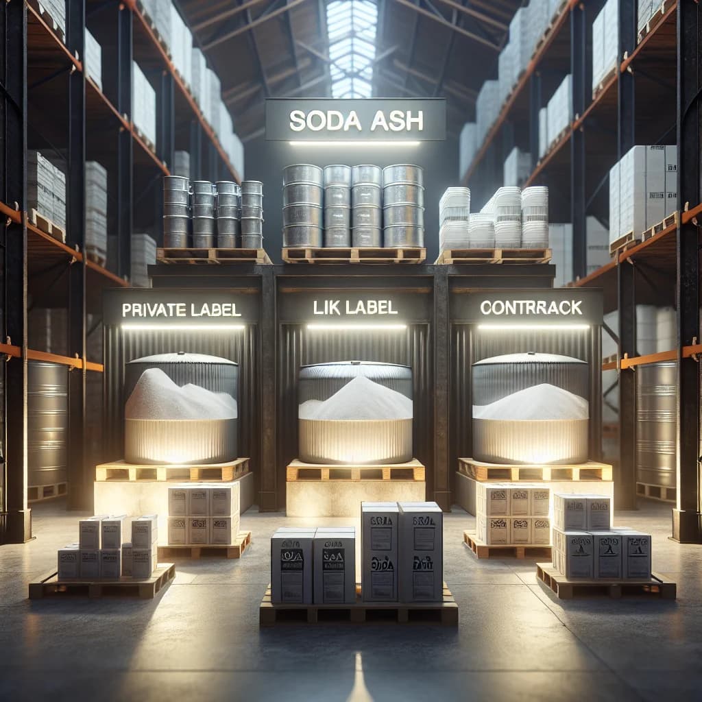 premium soda ash packaging with multiple product variations in a clean industrial background