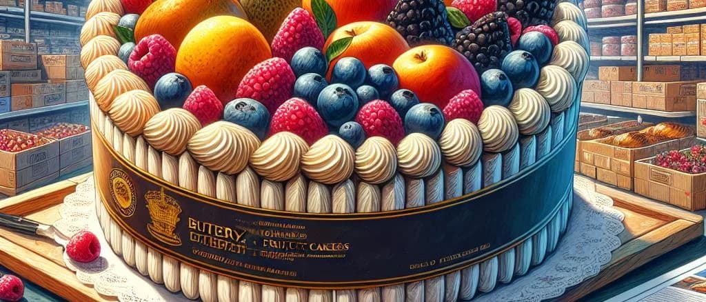 soft fruit cakes in various packaging with fruit toppings on a rustic wooden background