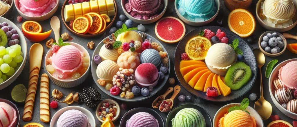 Assorted sorbet flavors in elegant bowls on a wooden table