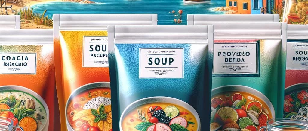variety of soup mix packages with diverse flavors and packaging options