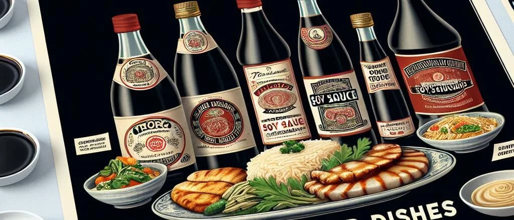 Various soy sauce bottles with diverse packaging and labels, displayed against a minimalist background