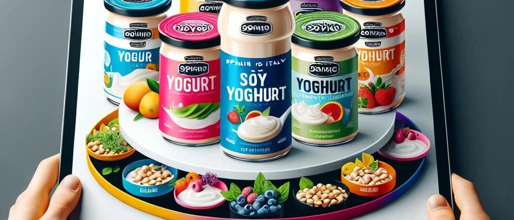 Variety of soy yoghurt products with different packaging on a marble surface