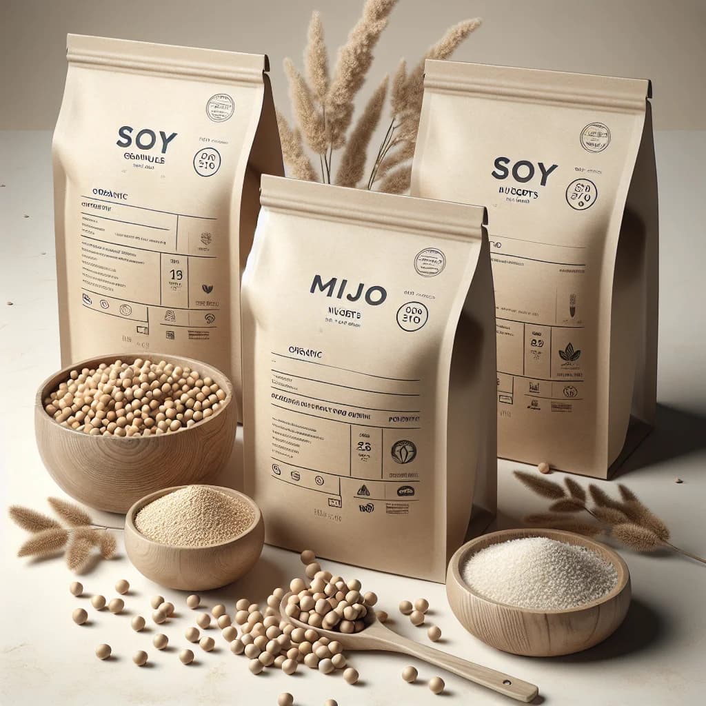 various types of soya chunks in eco-friendly packaging on a clean background
