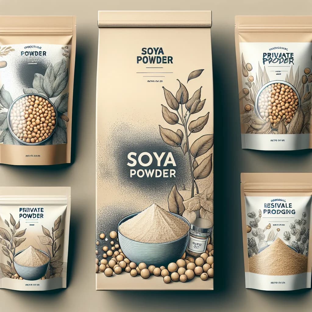 varieties of packaged soya powder with a clean background