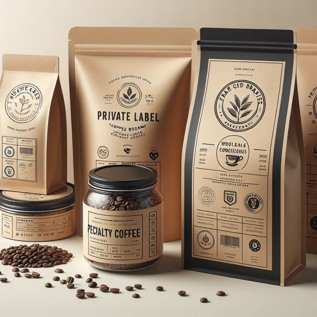 specialty coffee packaging with bulk and private label options on a minimalist background