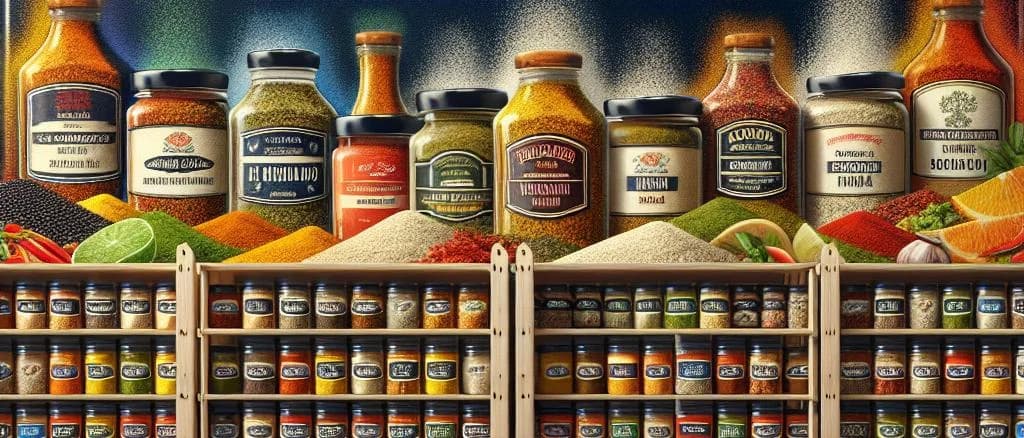 Assorted spice mix variations with different packaging on a rustic wooden background