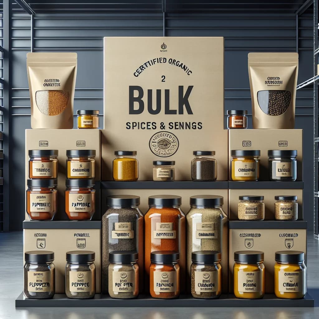 variety of bulk spices and seasonings in sustainable packaging on a modern retail shelf