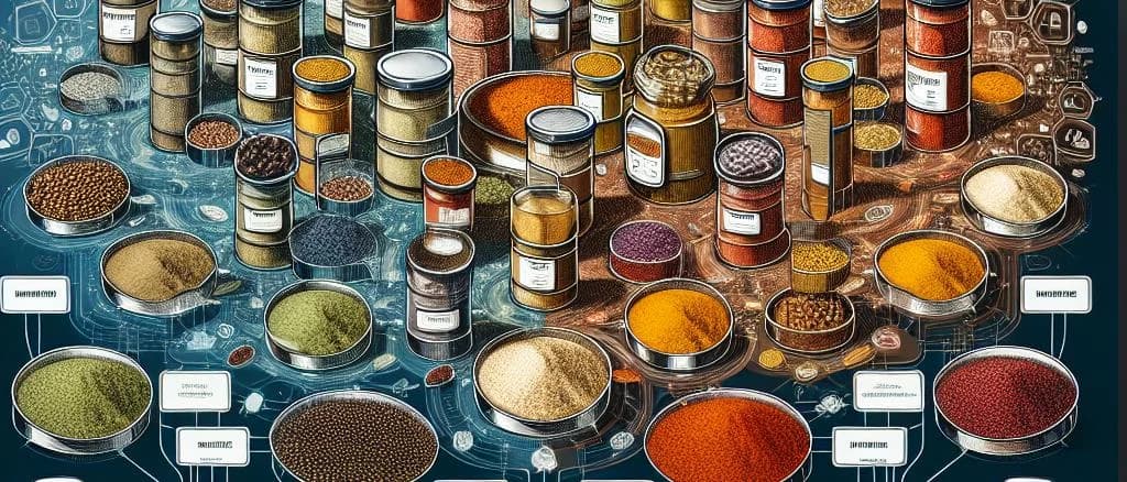 diverse spice varieties in elegant packaging on wooden background
