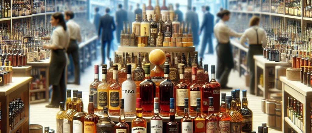 Display of assorted spirits showcasing bottles of whiskey, gin, and rum in varied packaging on wooden shelves.