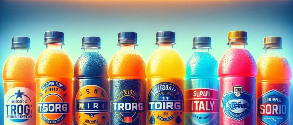 sports drink product variations in vibrant packaging with a dynamic background