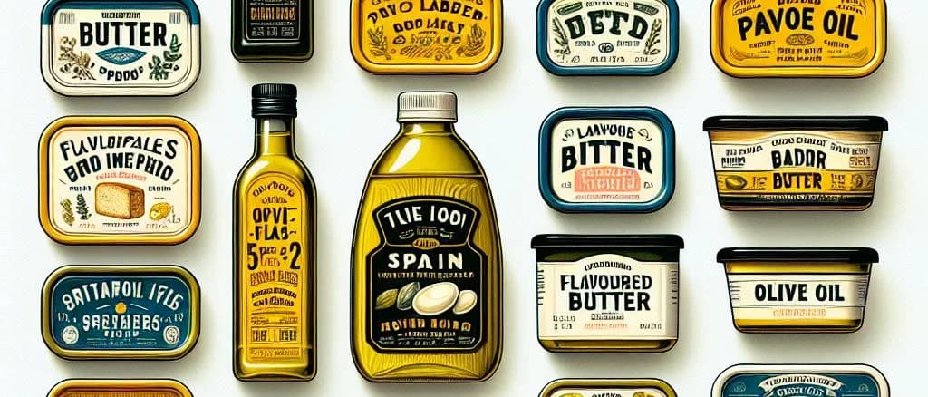 Assorted types of spreadable fats displayed in various packaging