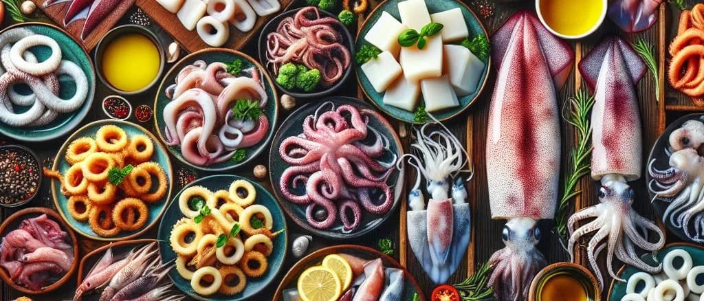 Variety of squid products displayed with different packaging styles on a rustic background