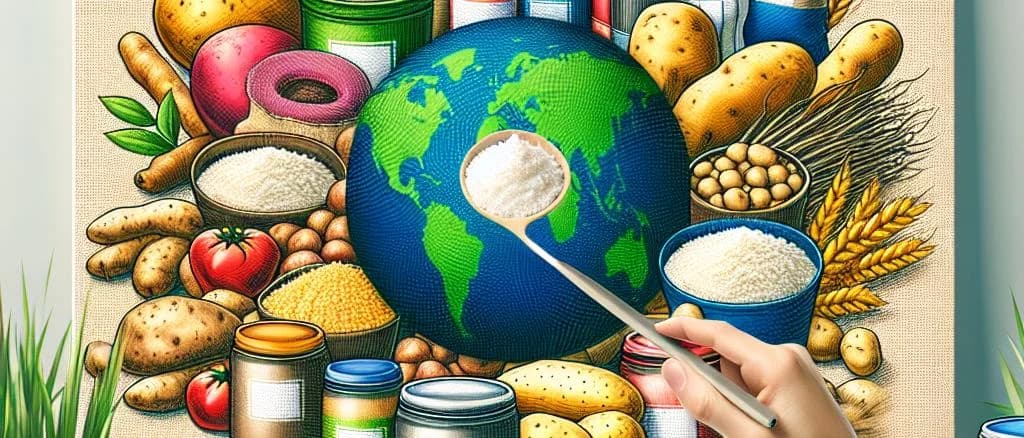 variety of packaged starch products with customized packaging, different background colors