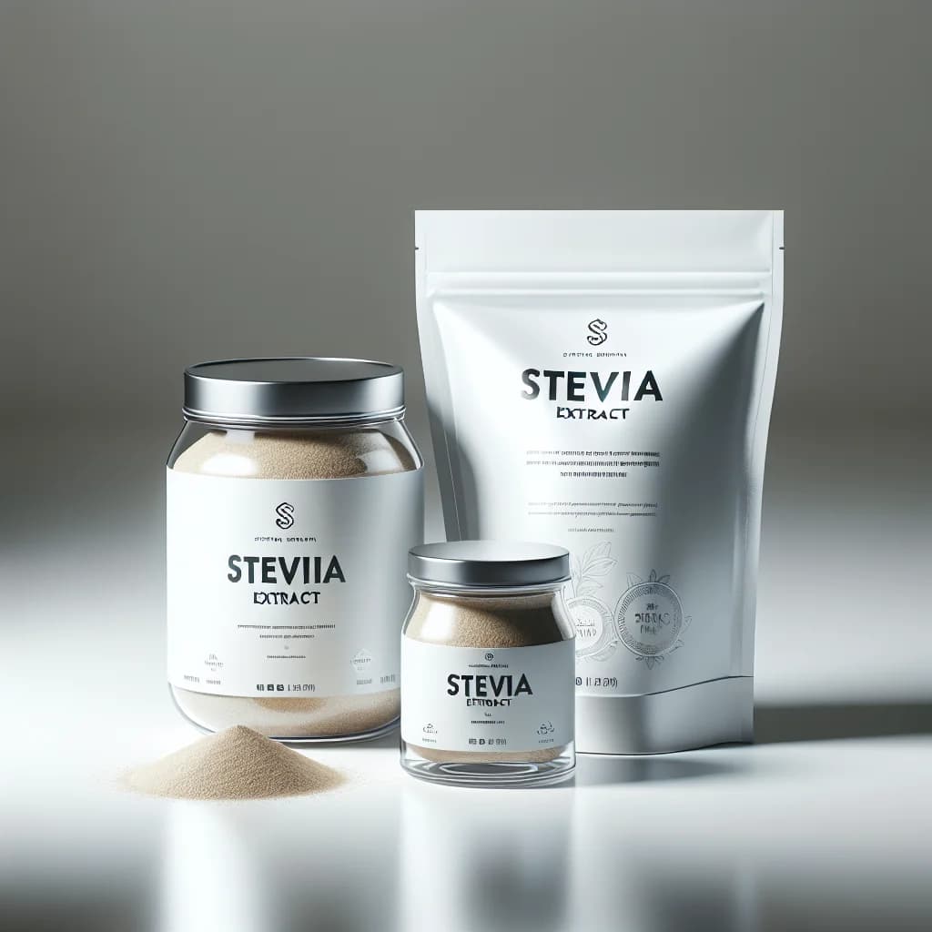 modern stevia extract packaging with bulk and private label options on a clean background
