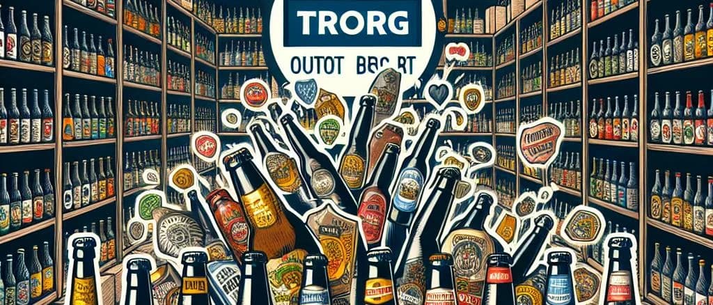 Assorted stout beer bottles with varied packaging on a rustic wooden background