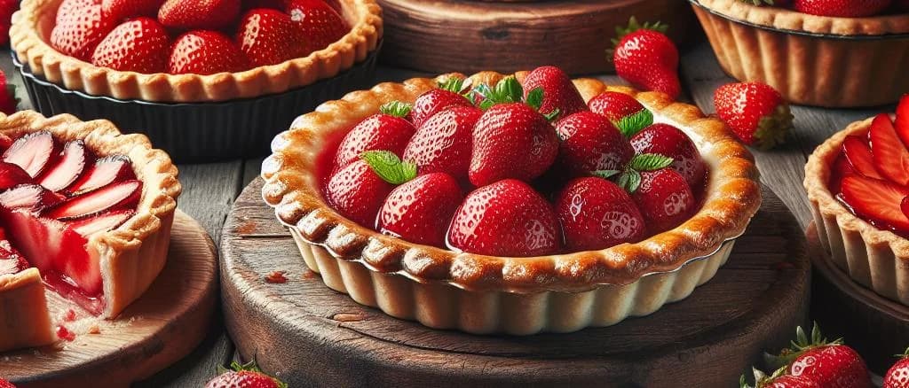 Assortment of strawberry pies with varied crust designs and packaging