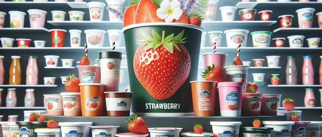 strawberry yogurt packaging variations on a wooden table