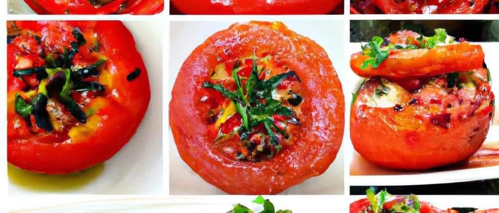 Various stuffed tomatoes on a wooden board with different fillings