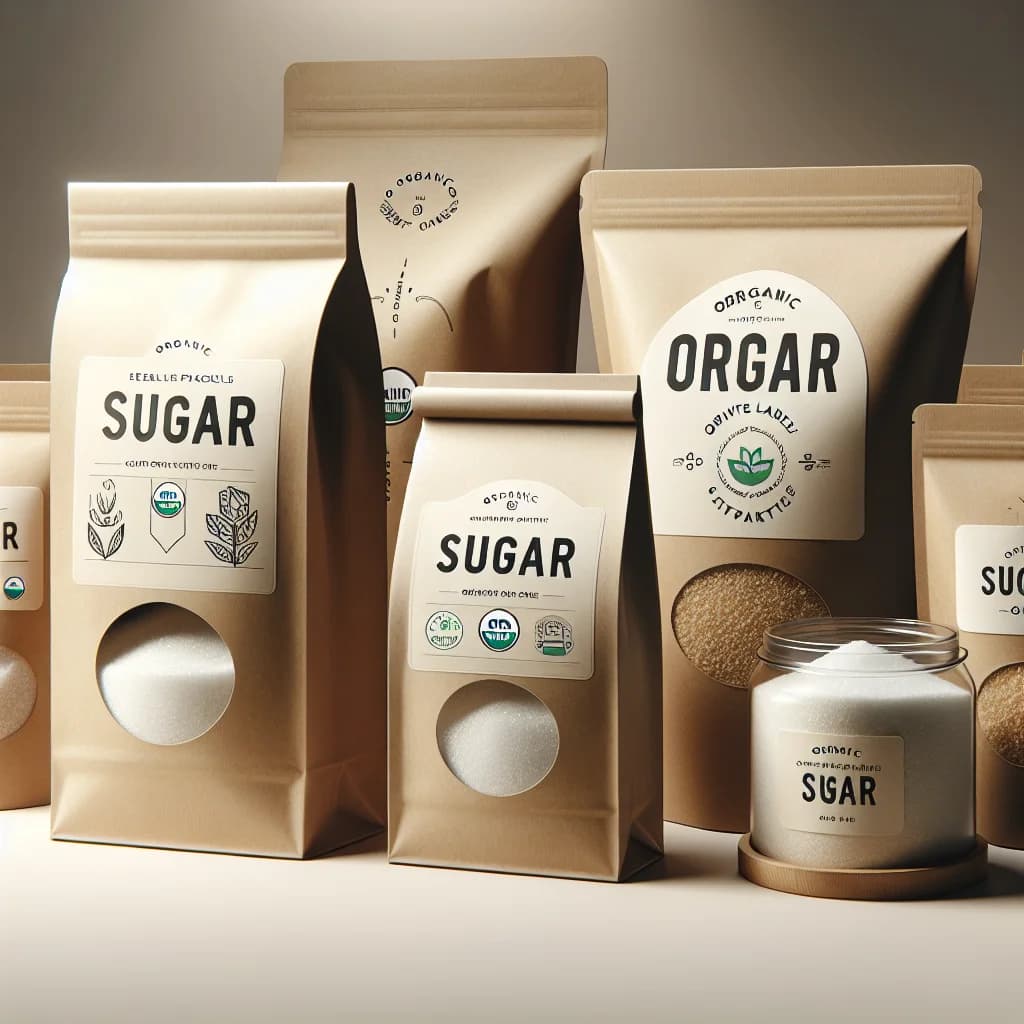 sustainable sucanat sugar varieties in eco-friendly packaging on a neutral background