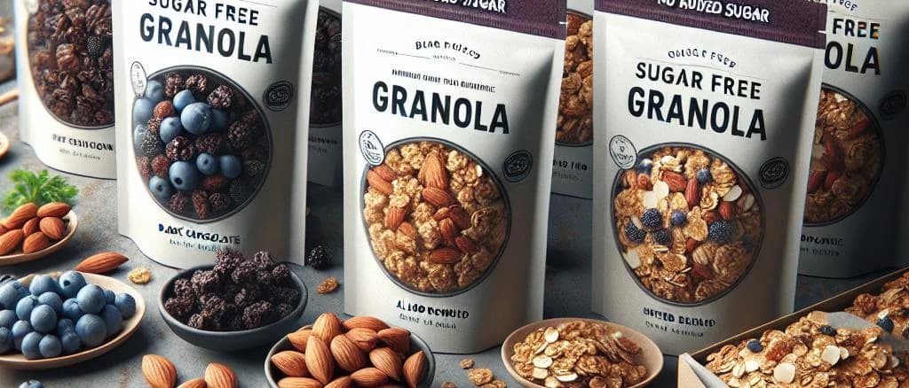 Assorted sugar-free snacks with vibrant packaging, on a neutral background